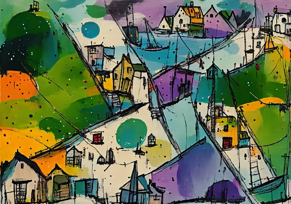 Vibrant Abstract Landscape of an Imaginative Village