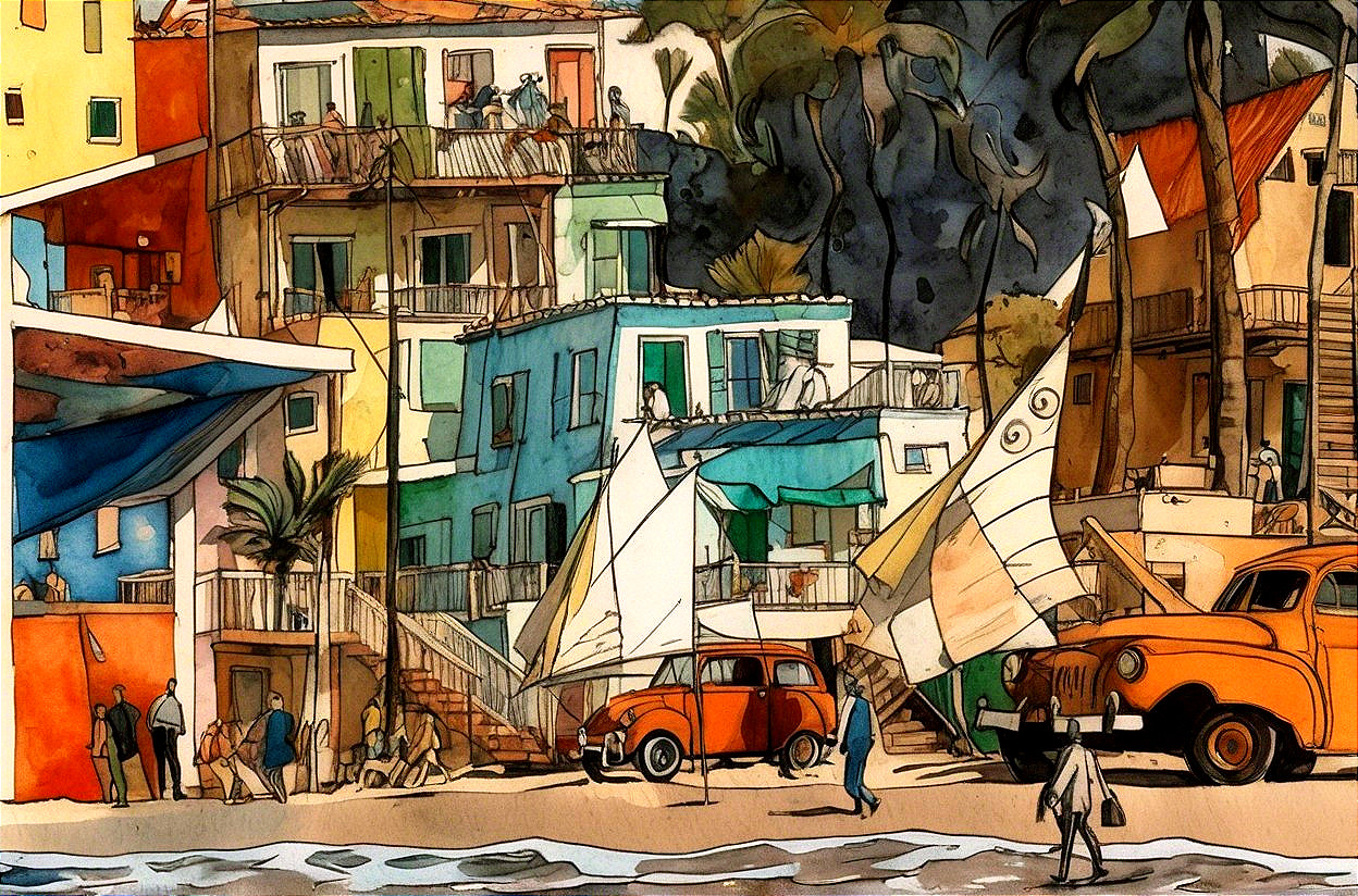 Vibrant Coastal Scene with Colorful Buildings and Sailboats