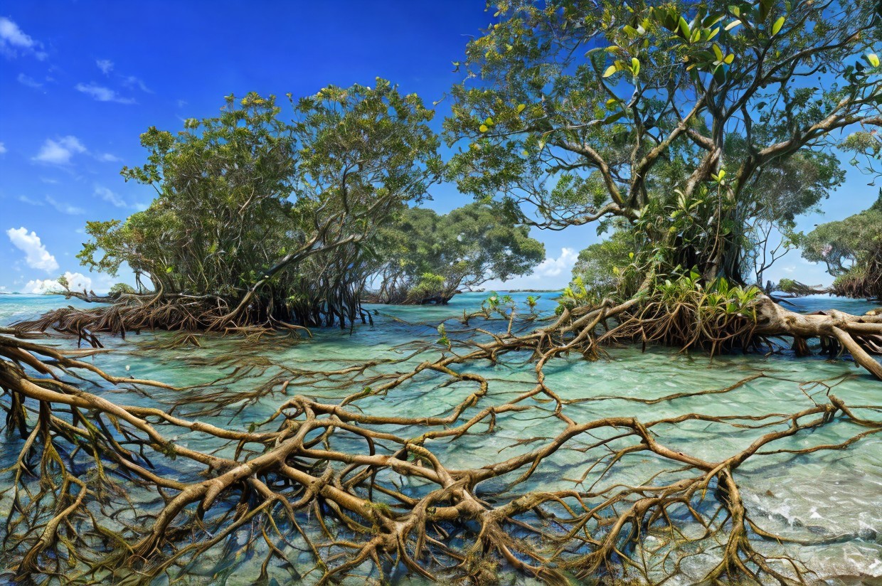 Serene Coastal Scene with Mangrove Trees and Turquoise Waters