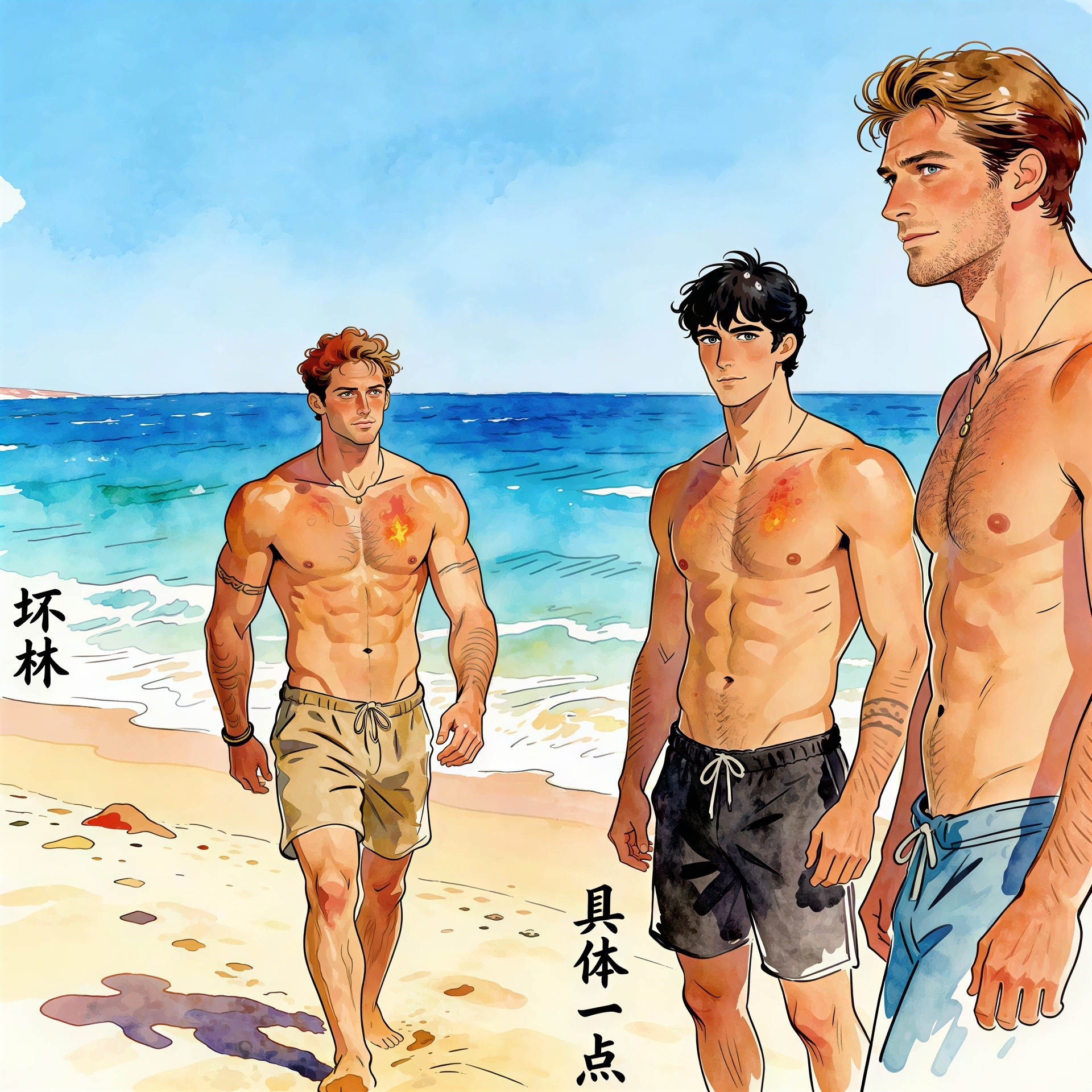 Watercolor Painting of Men on Beach in Swim Trunks