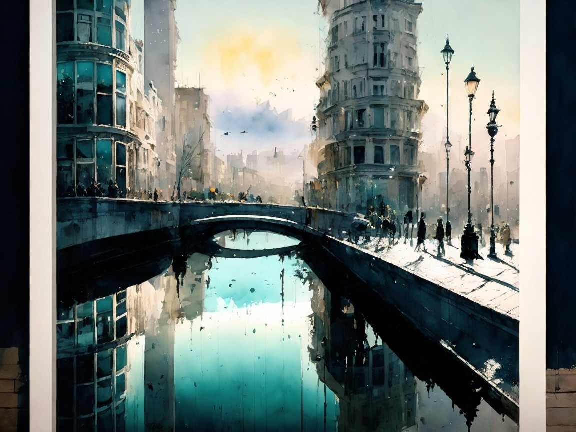 Vibrant Watercolor Cityscape with Canal Reflection