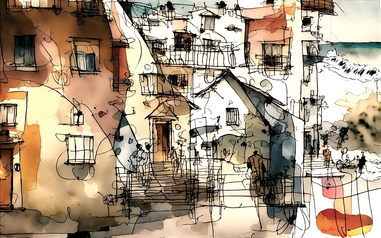 Vibrant Watercolor Coastal Town Scene with Charm