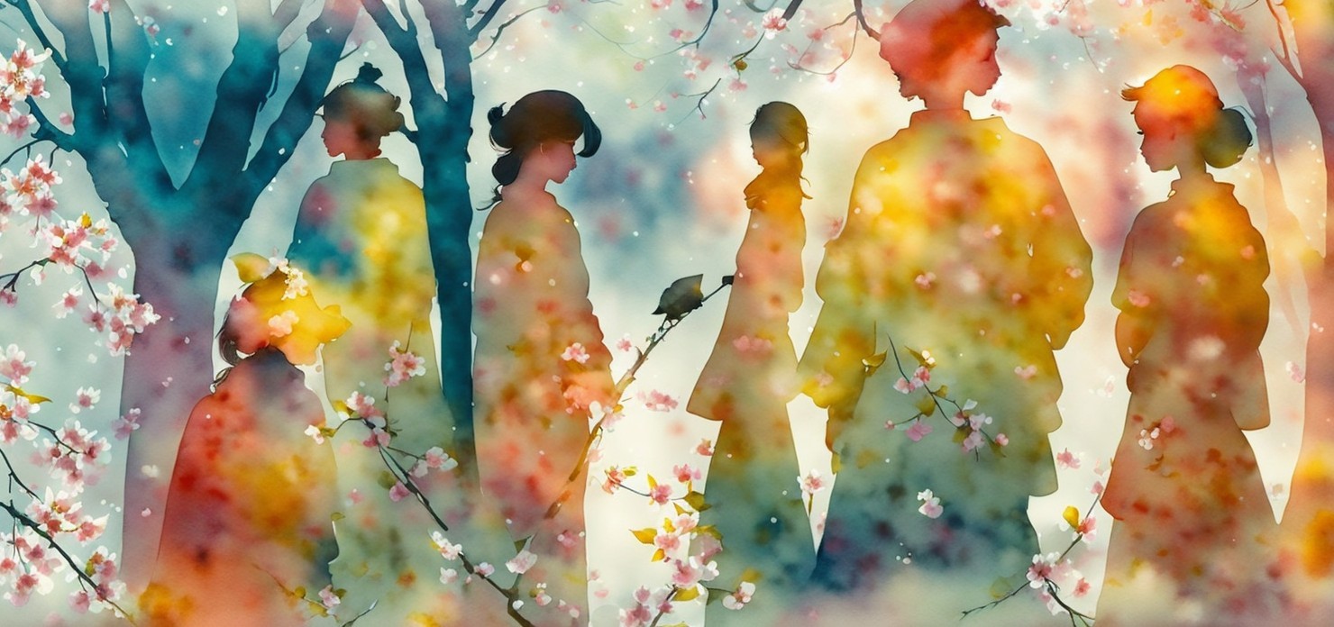 Watercolor Scene of Silhouetted Figures and Cherry Blossoms
