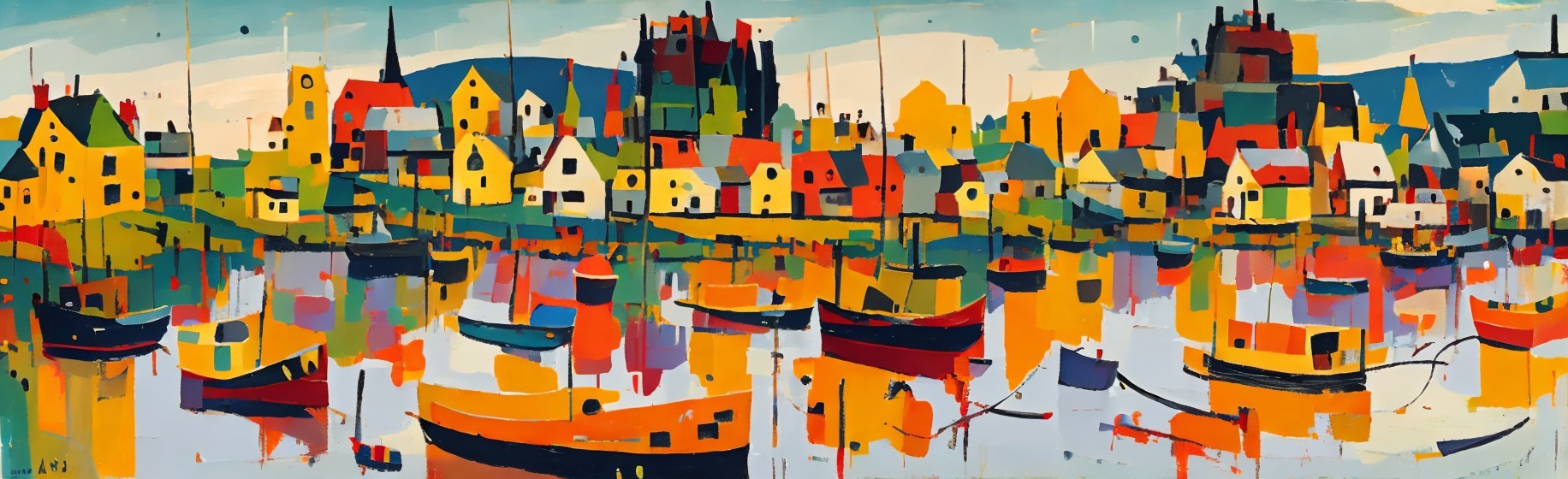 Vibrant Abstract Painting of a Coastal Town Scene
