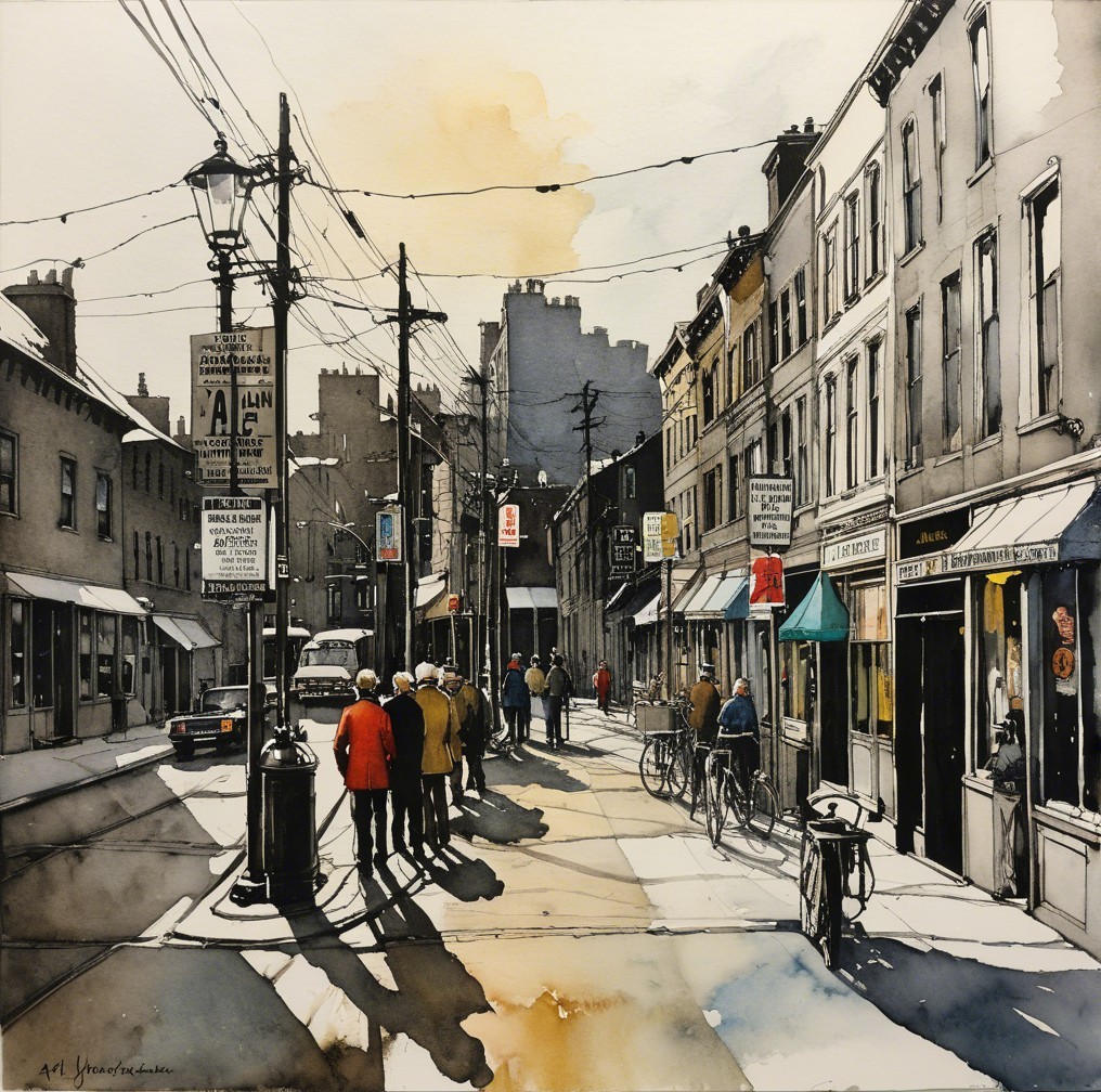 Vibrant Urban Street Scene with Historic Buildings