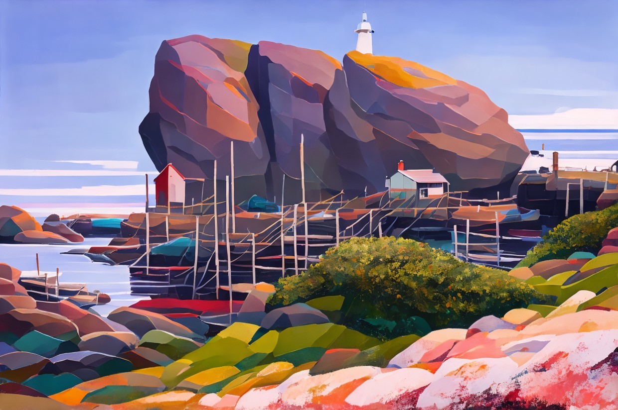 Coastal Landscape with Lighthouse and Fishing Shacks