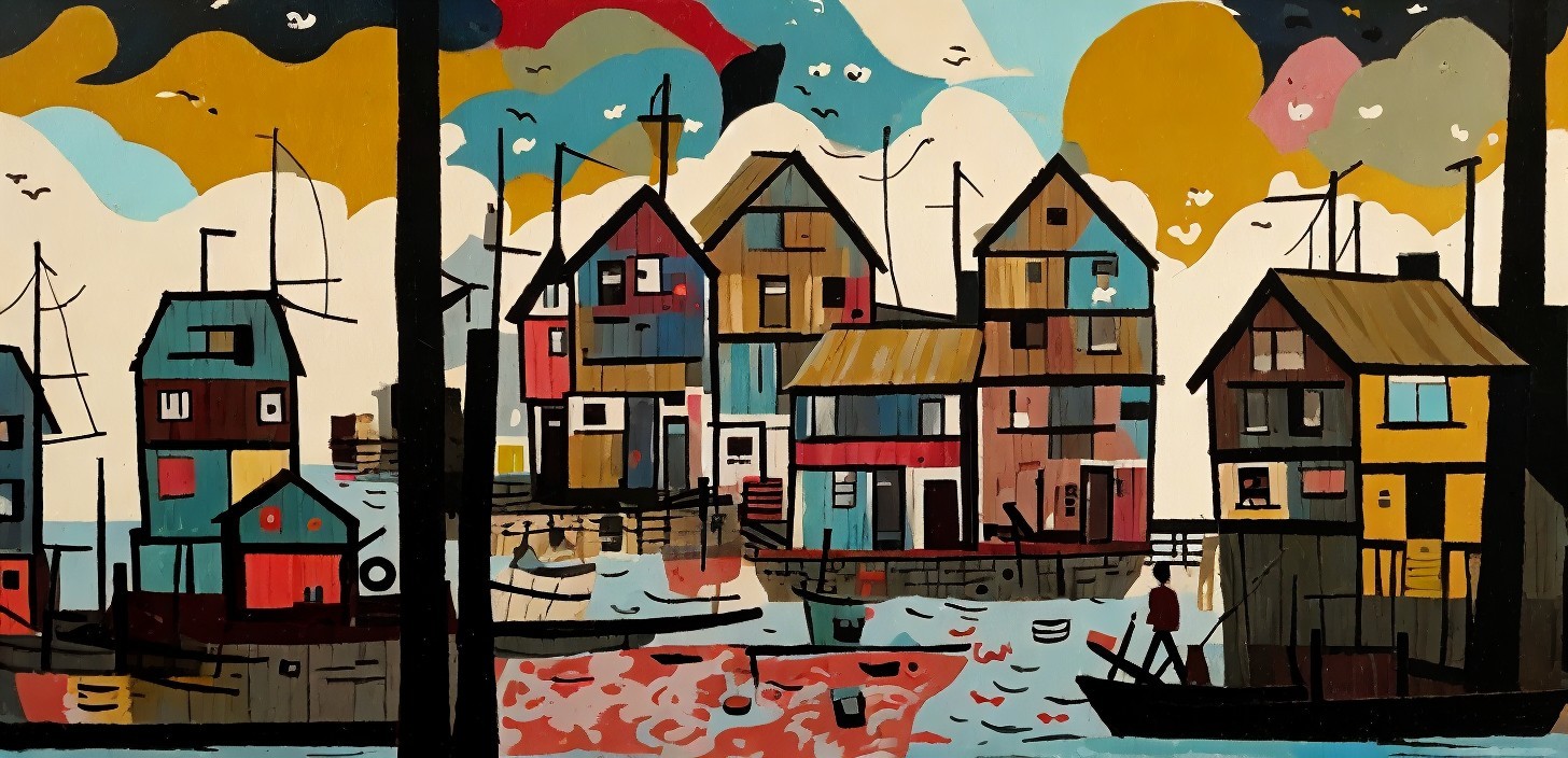 Vibrant Waterfront Scene with Abstract Colorful Houses