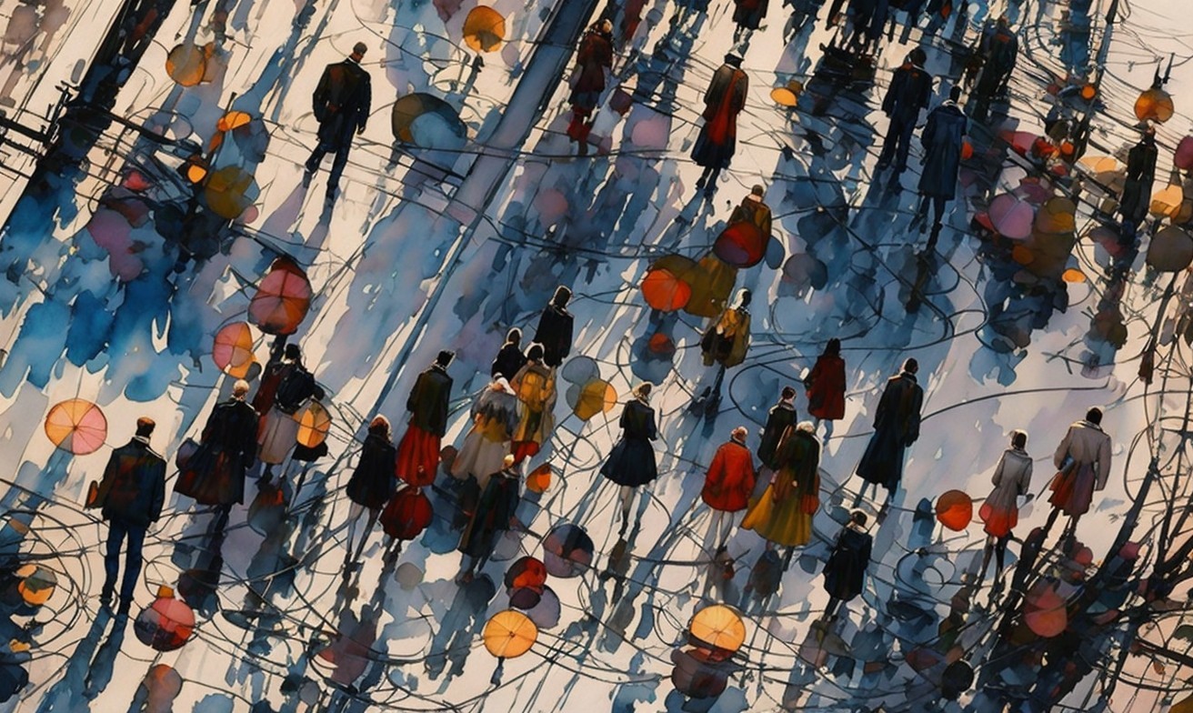Aerial View of Colorful Umbrellas in a Busy Street Scene