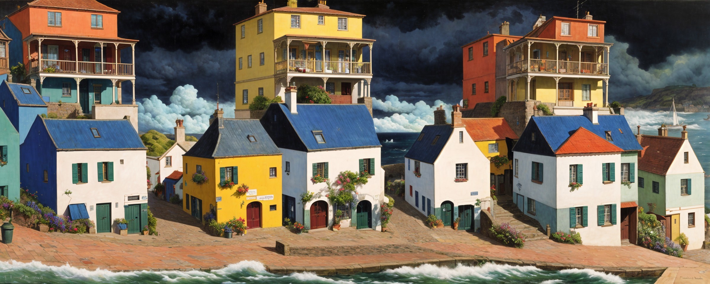 Coastal Scene with Colorful Houses and Stormy Sky