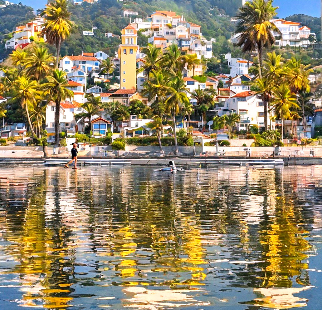 Picturesque Waterfront Scene with Palm Trees and Houses
