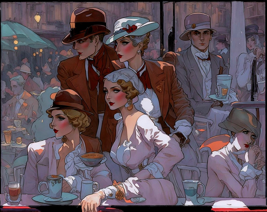 Early 20th Century Café Scene with Vintage Attire