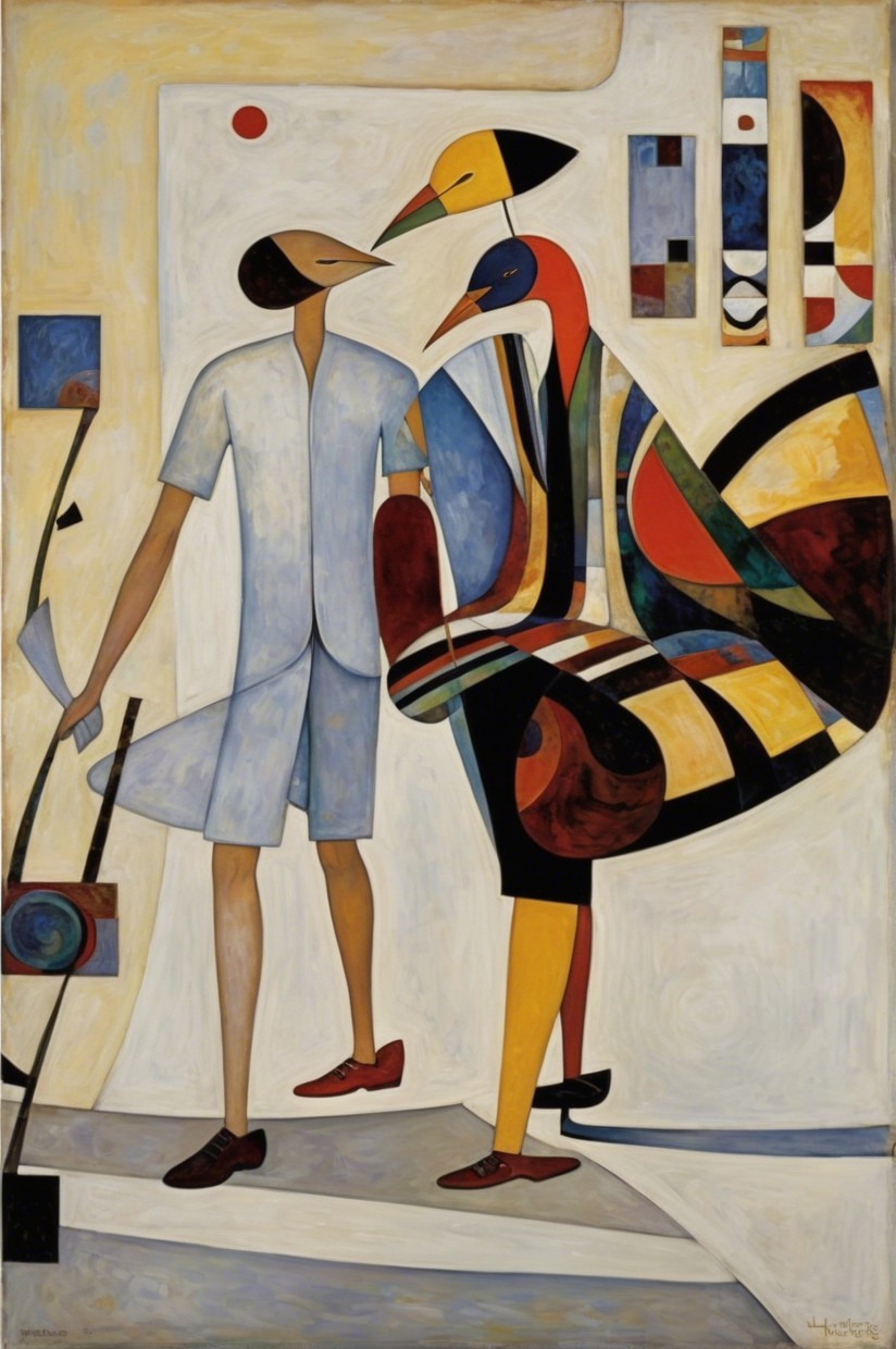 Abstract Scene with Figures and Colorful Birds