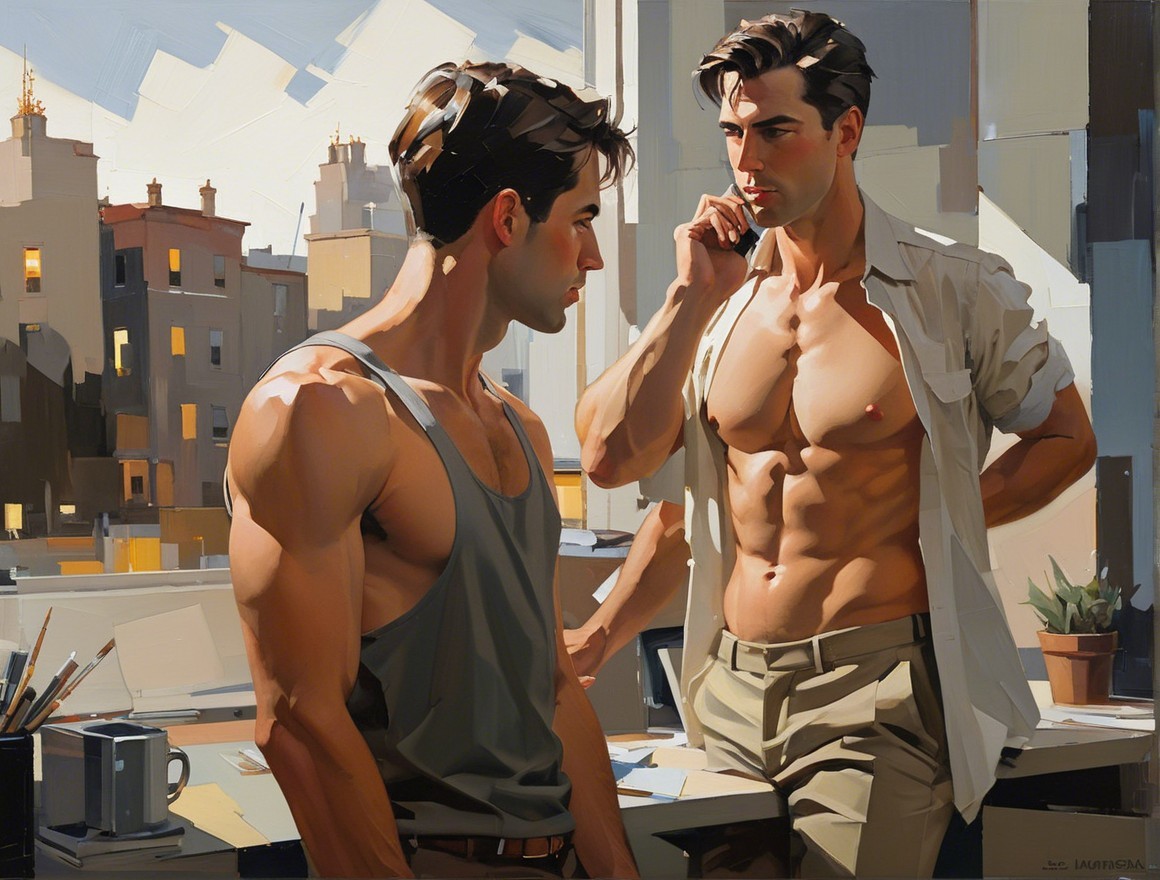 Men in Modern Room with Urban View and Natural Light