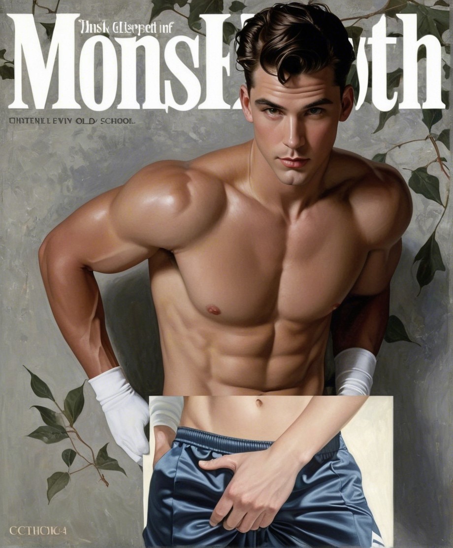 Muscular Young Man Posing with Vintage Magazine Aesthetic