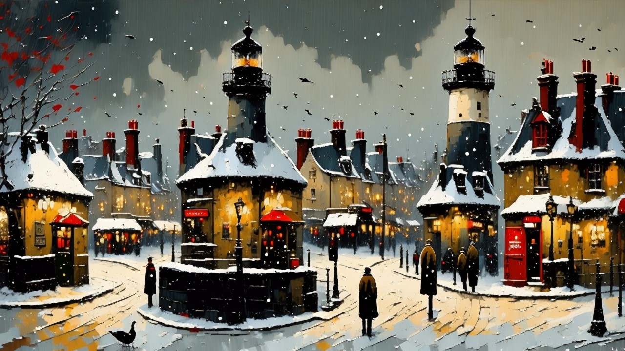 Snow-Covered Village Scene on a Winter Evening