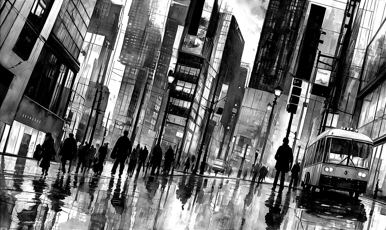 Black and white urban scene with skyscrapers and rain