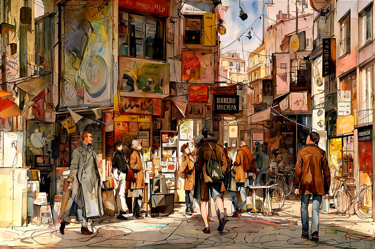 Vibrant Alleyway with Colorful Storefronts and People