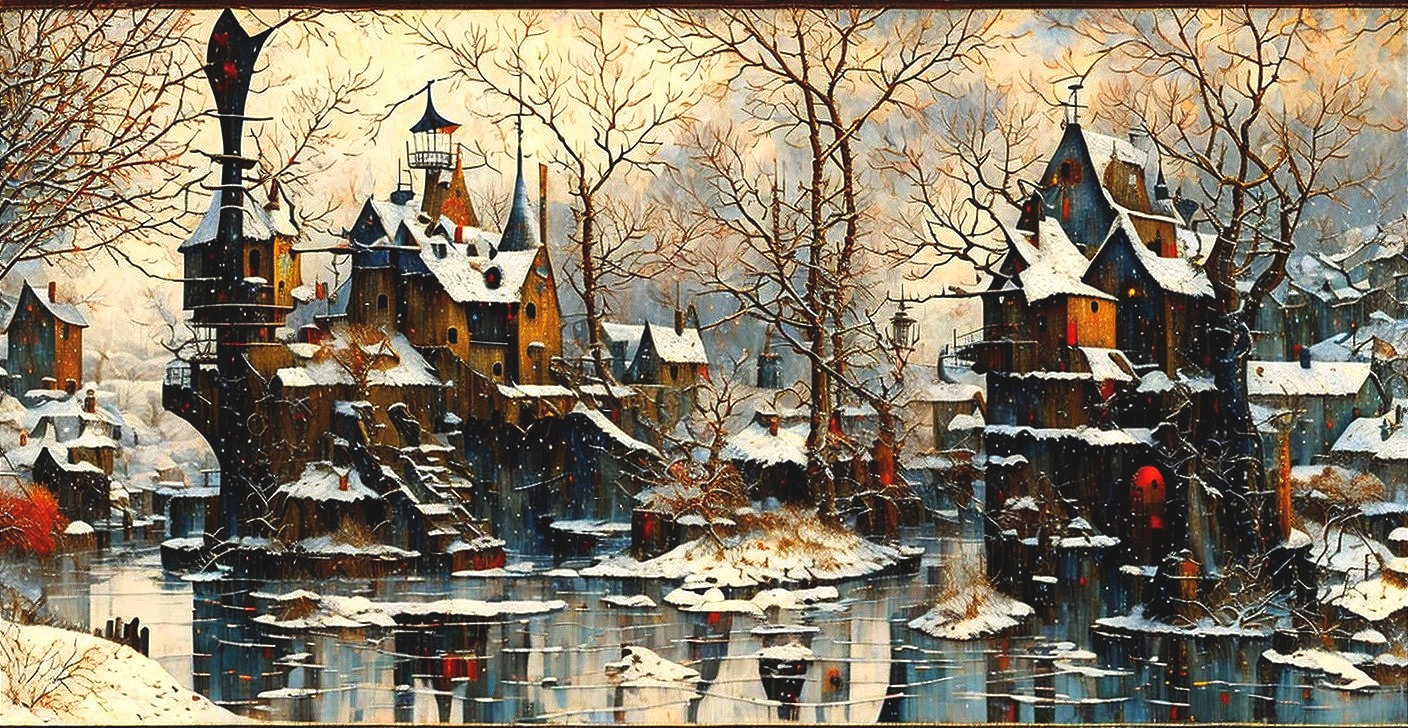 Serene Winter Landscape with Village and Snowy Trees