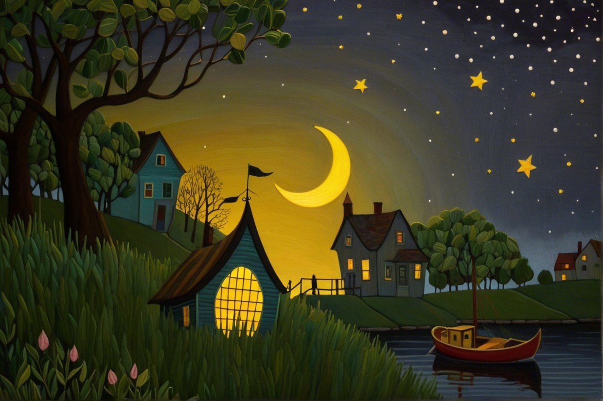 Crescent Moon Over Peaceful Lakeside at Night