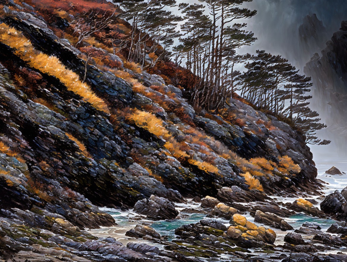 Rugged Coastline with Autumn Foliage and Turquoise Water