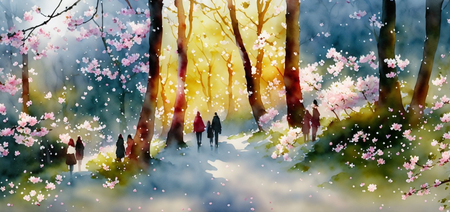 Watercolor Scene of a Blossoming Forest Landscape