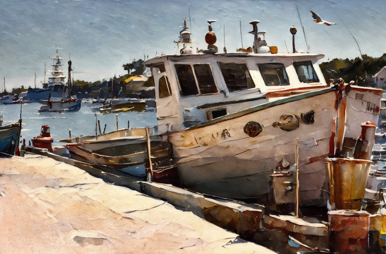 Tranquil Harbor Scene with Anchored Boats and Sky