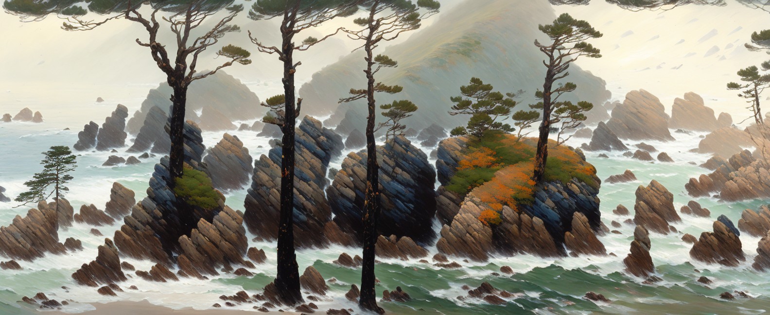Coastal Landscape with Trees and Turbulent Sea