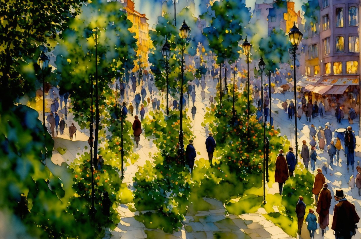 Vibrant Twilight Street Scene with Nature and Lanterns