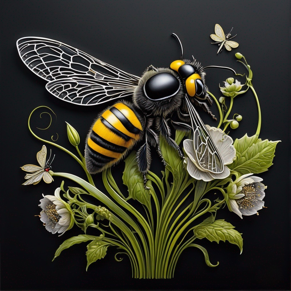 Detailed Illustration of a Large Bee on Green Foliage
