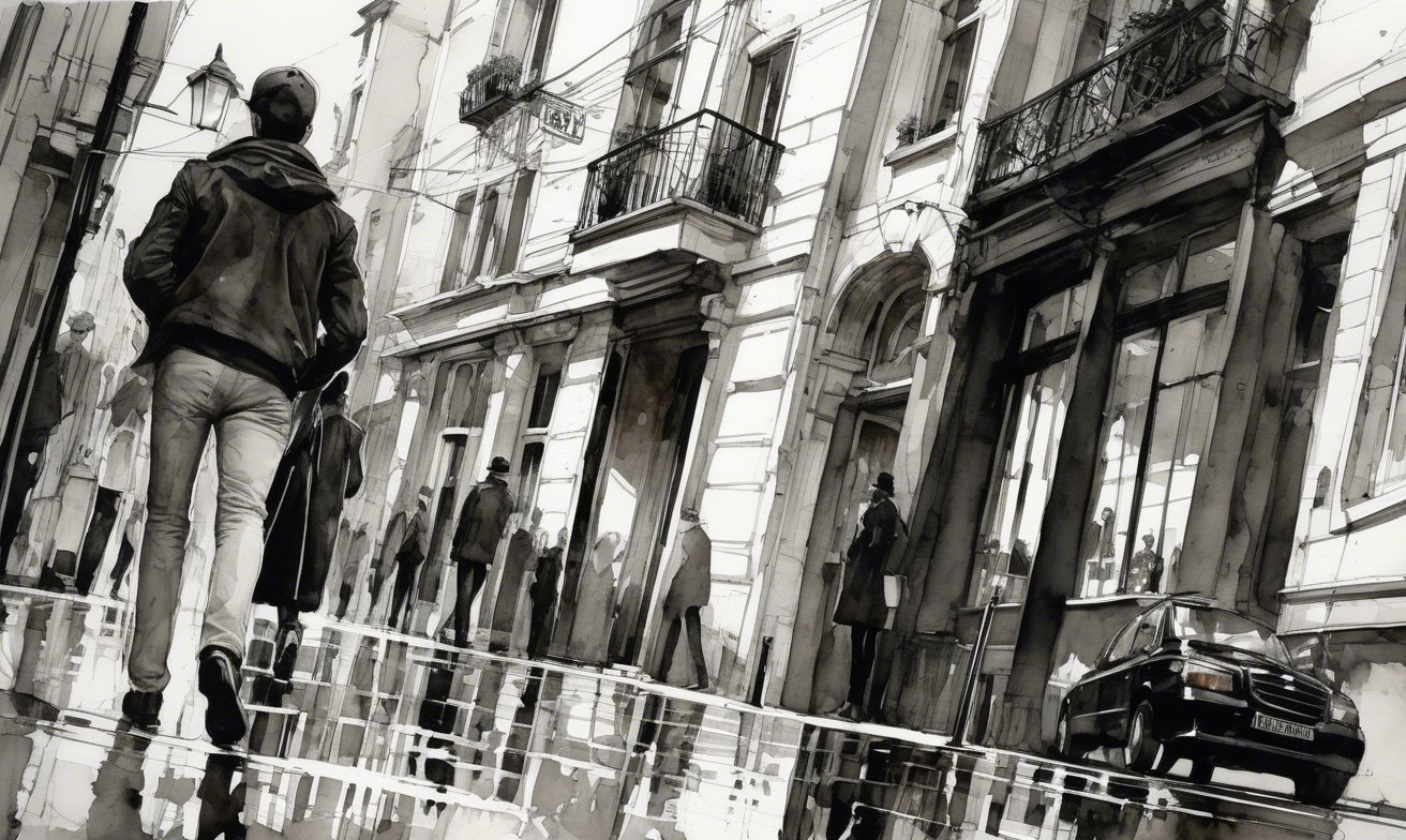 Monochromatic City Street Scene with Urban Architecture