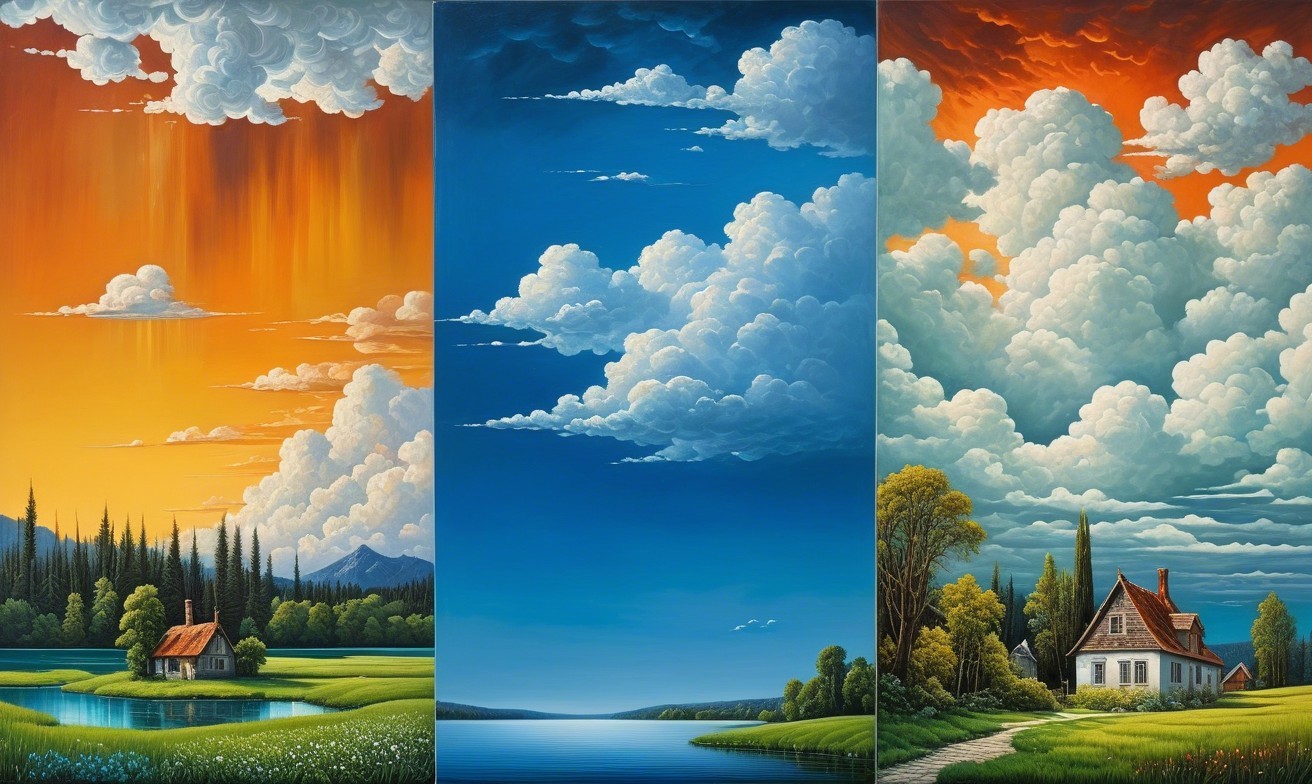 Triptych of Vibrant Landscapes with Sunset and Lake