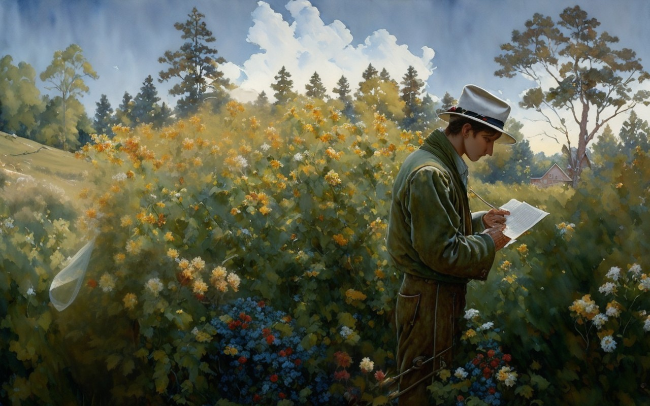 Man Writing in Serene Landscape with Wildflowers