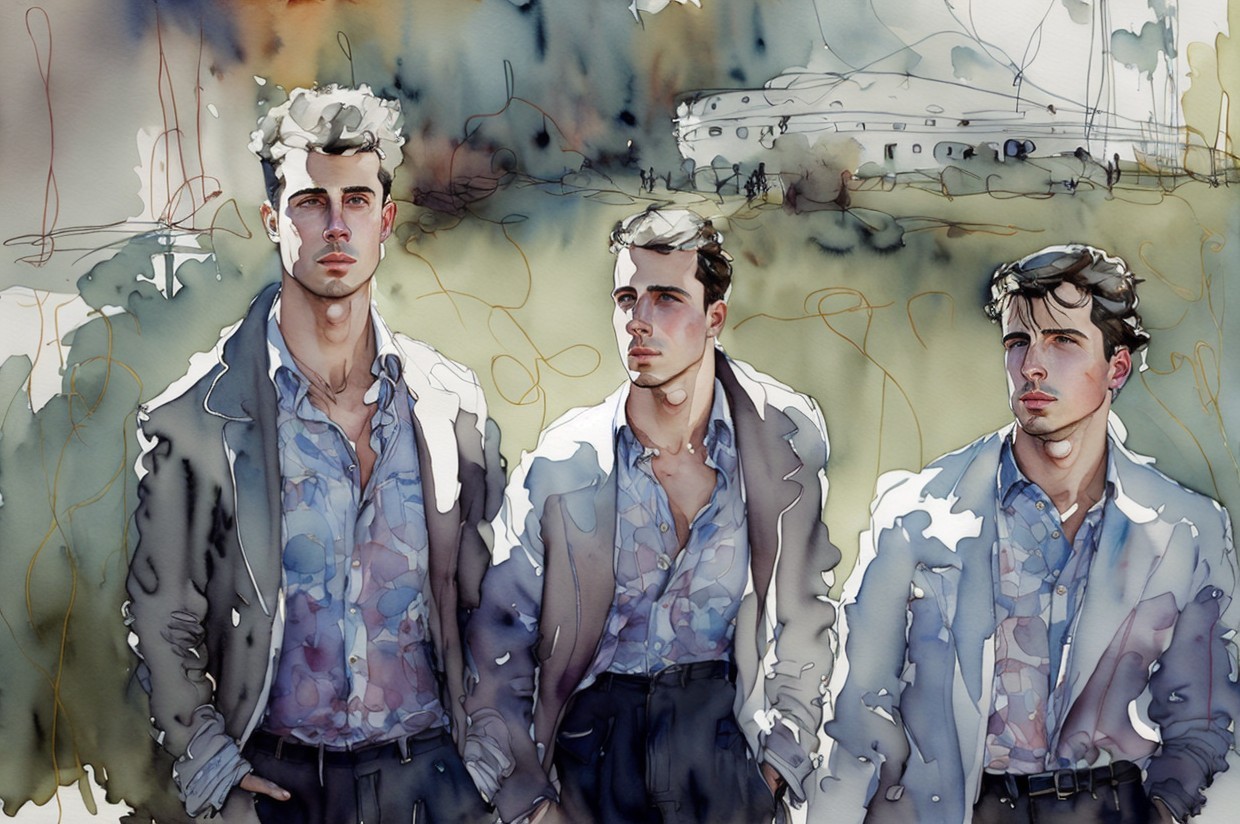 Watercolor Painting of Three Young Men in Jackets