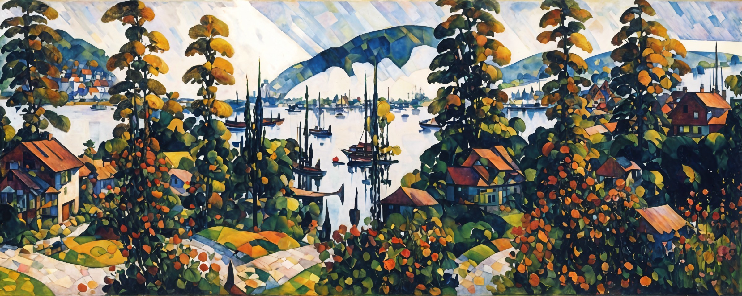 Vibrant Landscape with Sailboats and Lush Trees