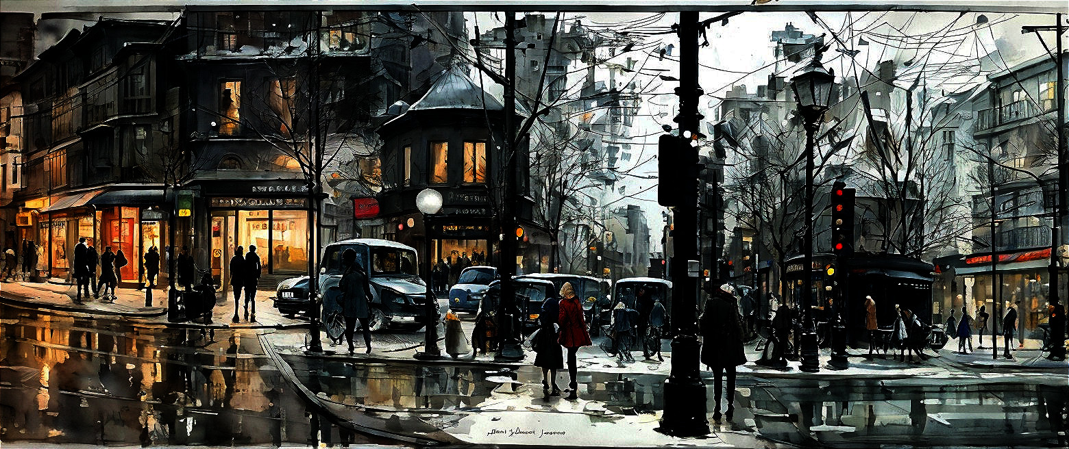 City Street Scene at Dusk with Rain and Lights