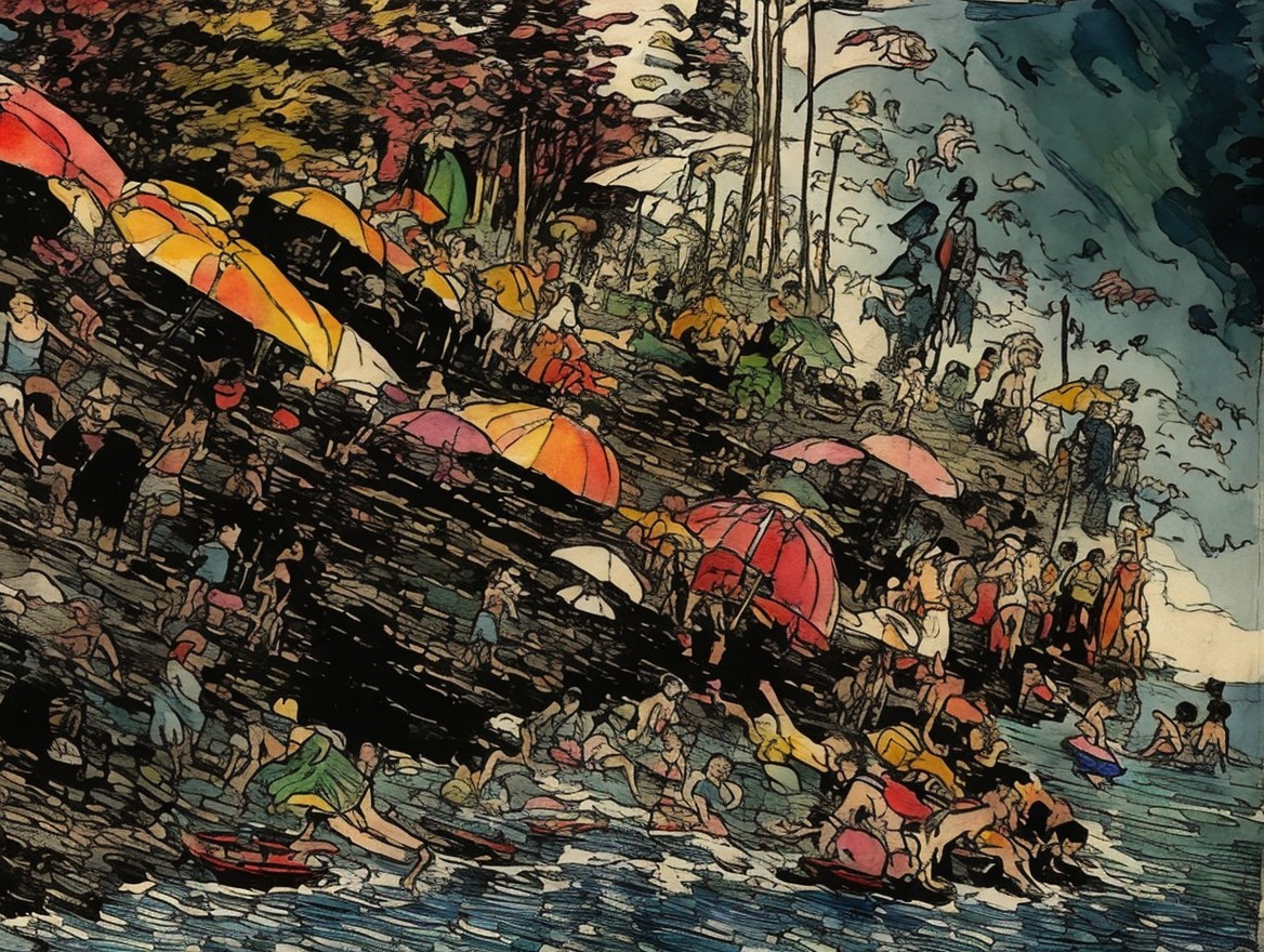 Vibrant Beach Scene with Colorful Umbrellas and People