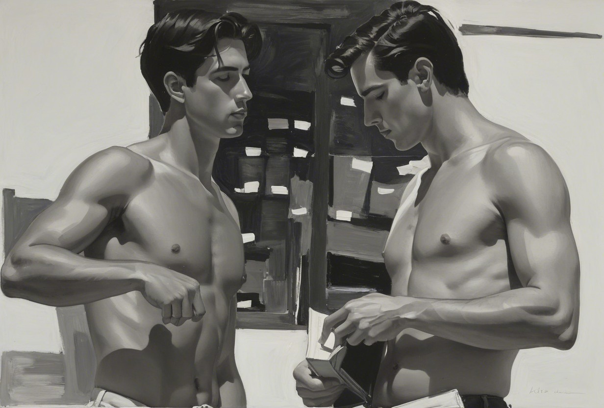Monochromatic Artwork of Two Young Men in Discussion