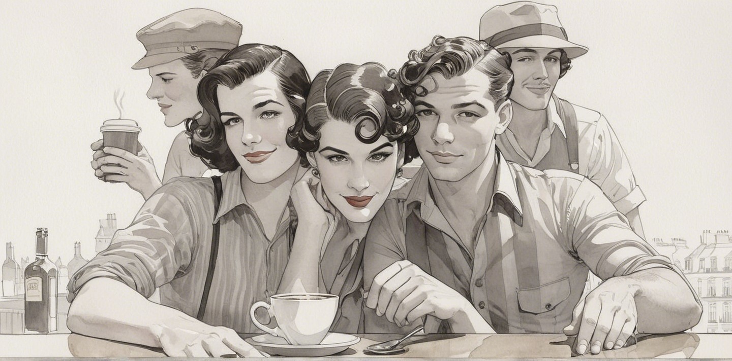 Vintage Illustration of Stylish Mid-20th Century Figures
