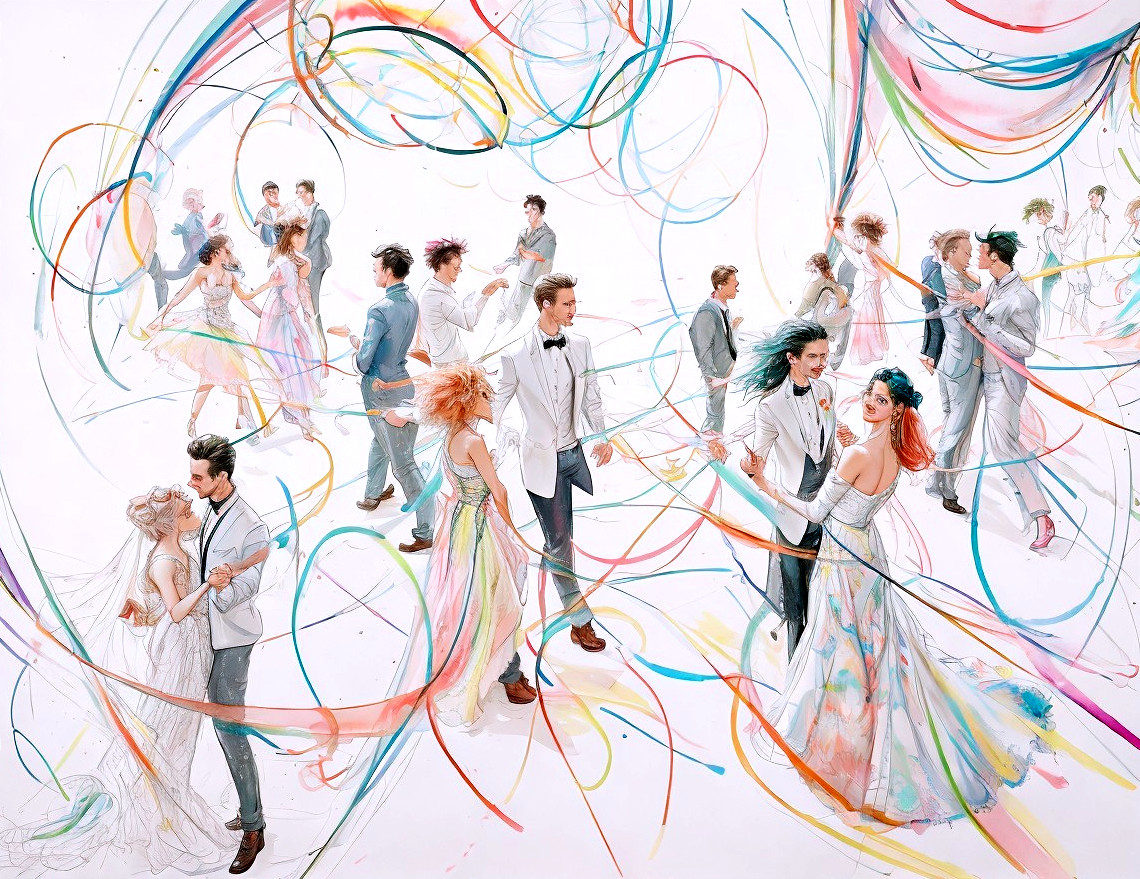 Vibrant Artwork of Couples Dancing with Colorful Swirls