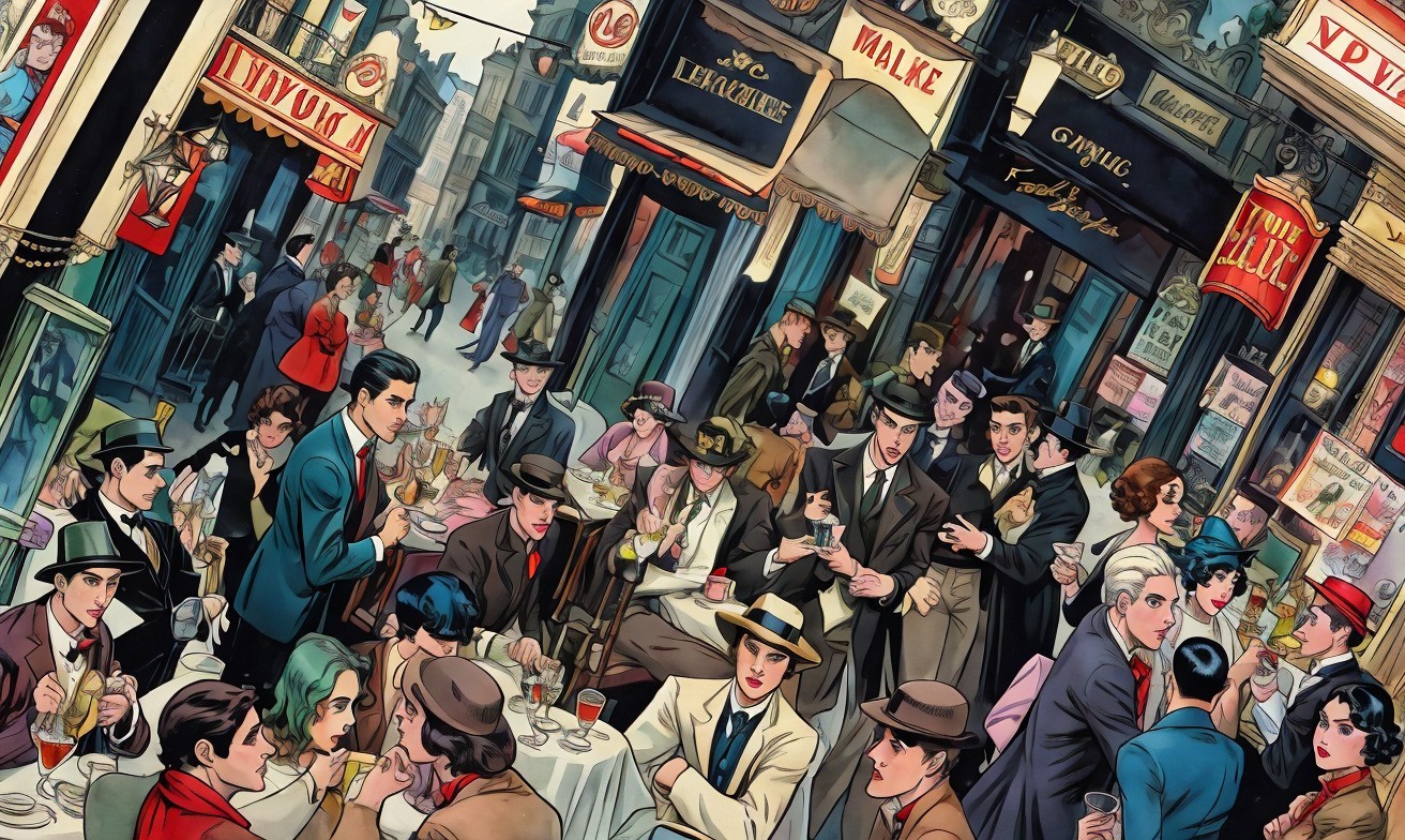 Vibrant Café Scene with Vintage Atmosphere and Fashion