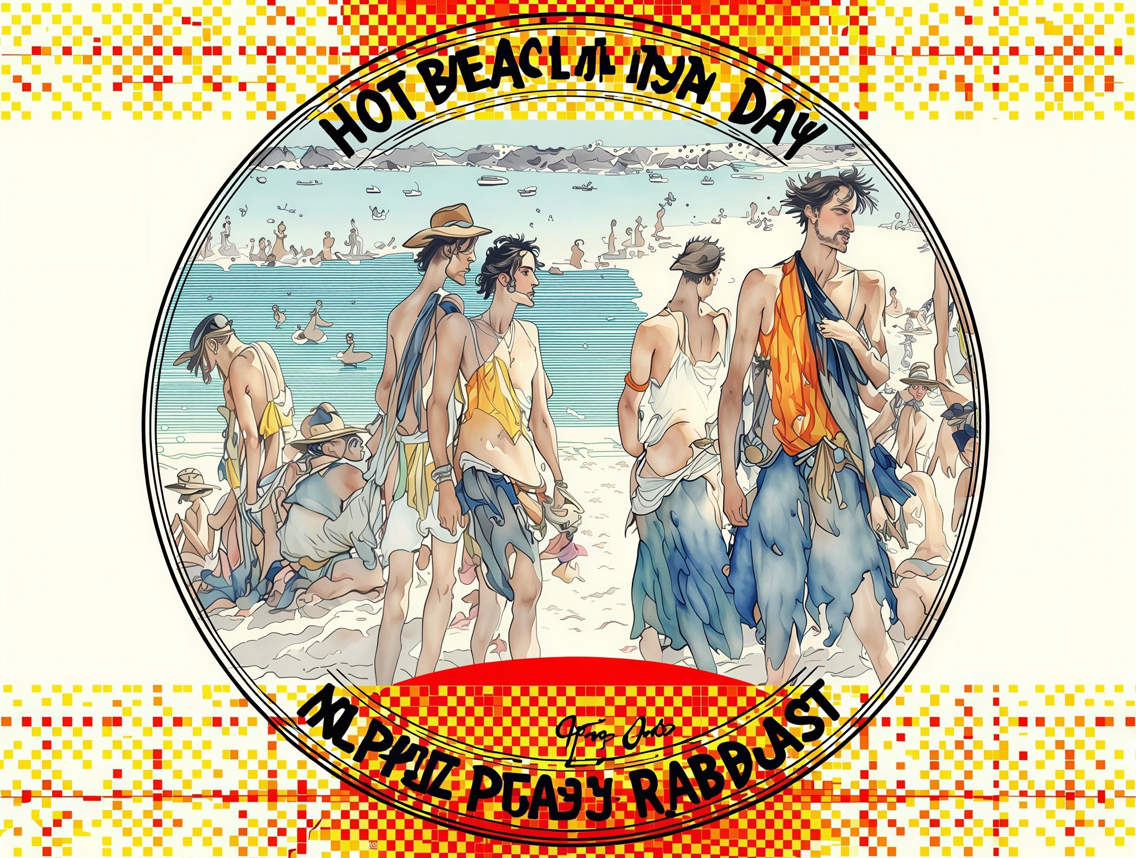 Surreal Cartoon Illustration of Beach Scene with Text