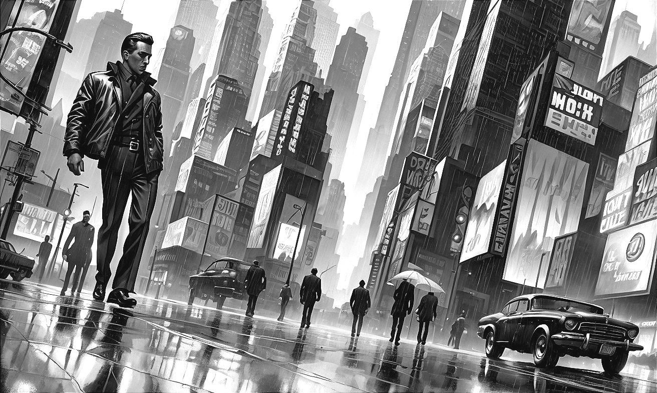 Noir Urban Landscape with Rain and Neon Lights