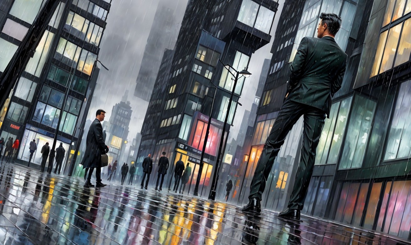 City Scene in Rain with Skyscrapers and Figures
