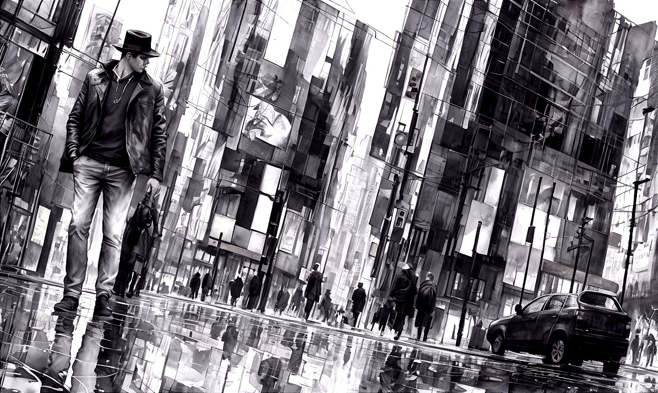 Monochromatic Cityscape with Lone Figure in Rain