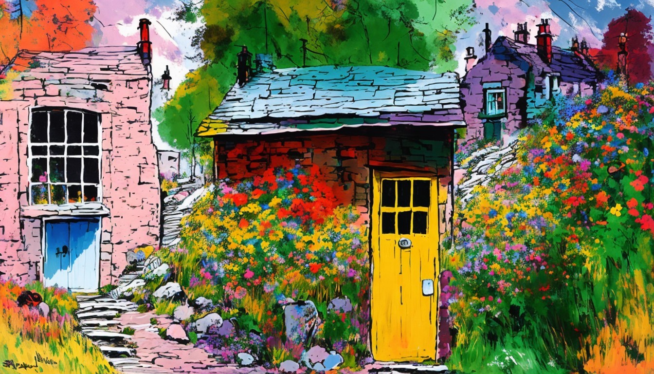 Vibrant Landscape with Charming Cottages and Flowers