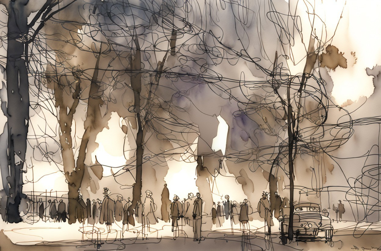 Watercolor Scene of Crowd by Trees and Old Car