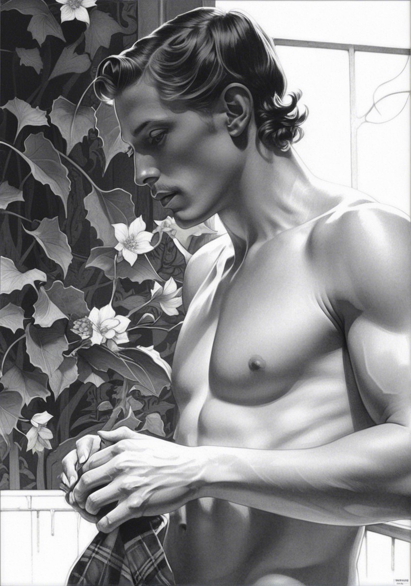 Chiseled Male Figure with Floral Background and Soft Lighting