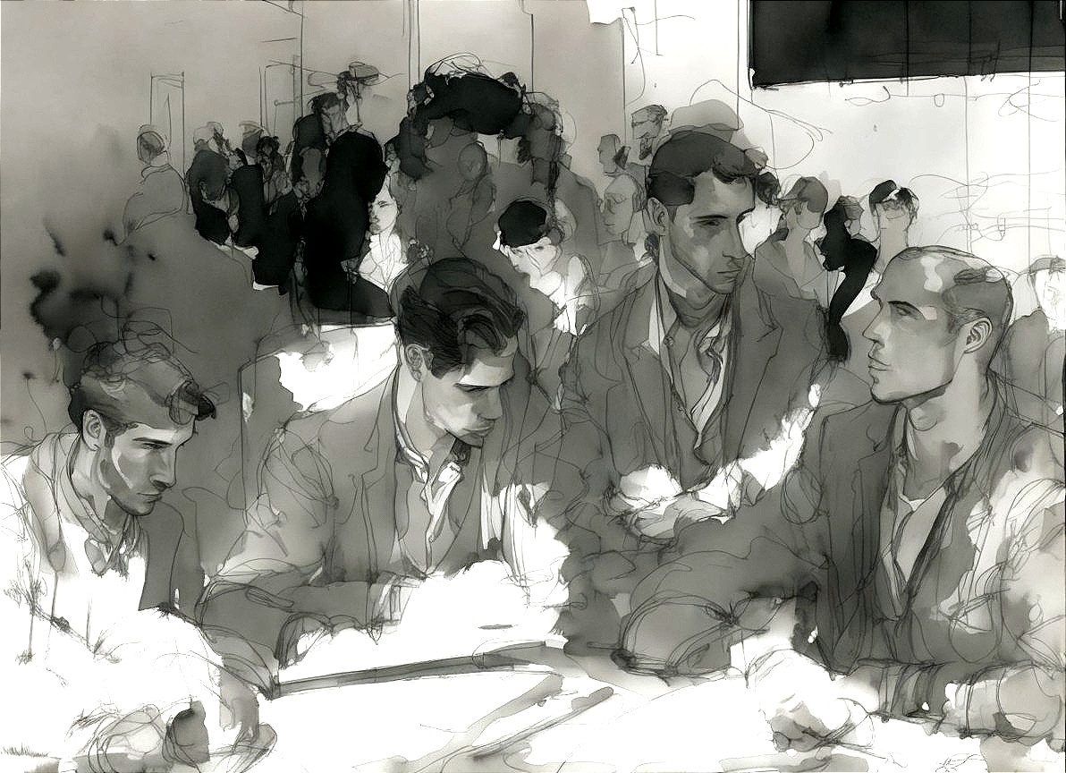 Monochrome sketch of three men in conversation with blurred background figures.