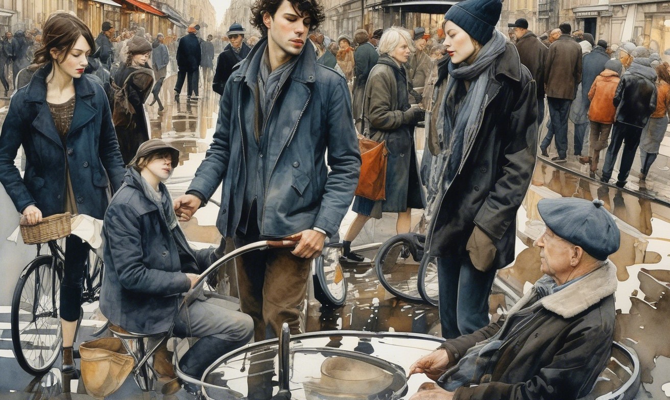 Vintage Attire in a Bustling Urban Rain Scene