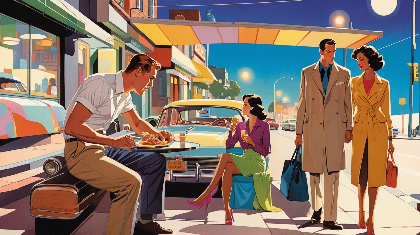 Retrofuturism Digital Painting of 1950s Street Scene